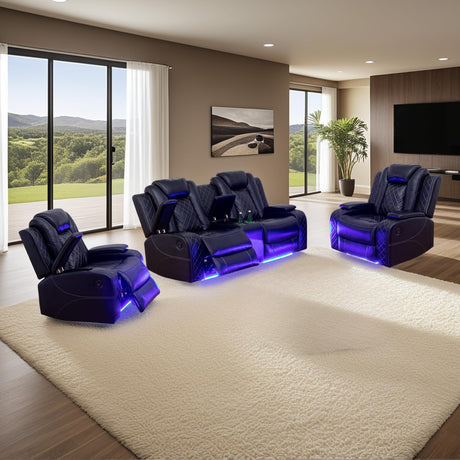 JBXBER Power Recliner Sofa Set with LED Lights, Black Leather Reclining Couch Sets with Storage Console, USB Ports, Cup Holder, Home Theater Seating, Living Room Furniture(2 Chairs and a Loveseat) JBXBER