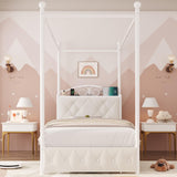 Keyluv Twin Upholstered Canopy Bed Frame with Drawer & Crystal Tufted Storage Headboard Metal Platform Bed with Charging Station & 4 Removable Posts No Box Spring Needed Curtain Not Included, Beige Keyluv