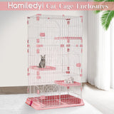 Hamiledyi Indoor Cat Cage 52 Inches Cat Villa Large Pet Crate with 3 Platforms and 1 Ramp Ladders Metal Cat Playpen with 3 Doors Outdoor Cat Enclosures Kitten Cage for Small and Medium Pets (Pink) Hamiledyi