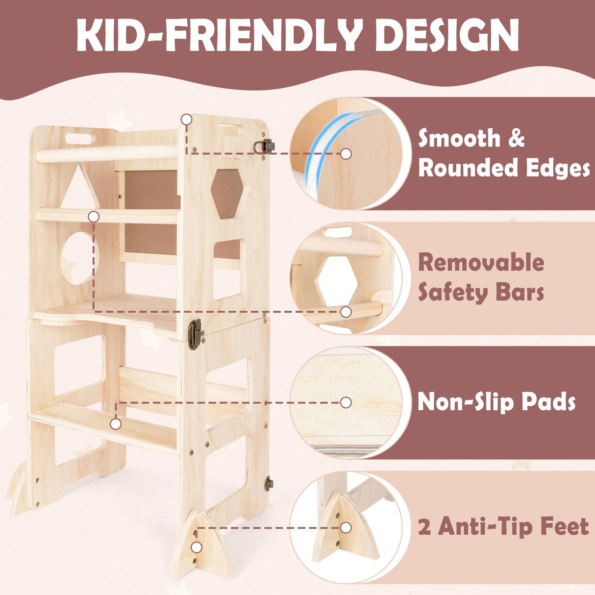 4-in-1 Toddler Kitchen Step Stool, Foldable Learning Standing Tower with Blackboard, Wooden Kitchen Stool Helper for Kids, 1-3 Year Old Boy Girl Gifts TINTECUSA