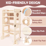 4-in-1 Toddler Kitchen Step Stool, Foldable Learning Standing Tower with Blackboard, Wooden Kitchen Stool Helper for Kids, 1-3 Year Old Boy Girl Gifts TINTECUSA