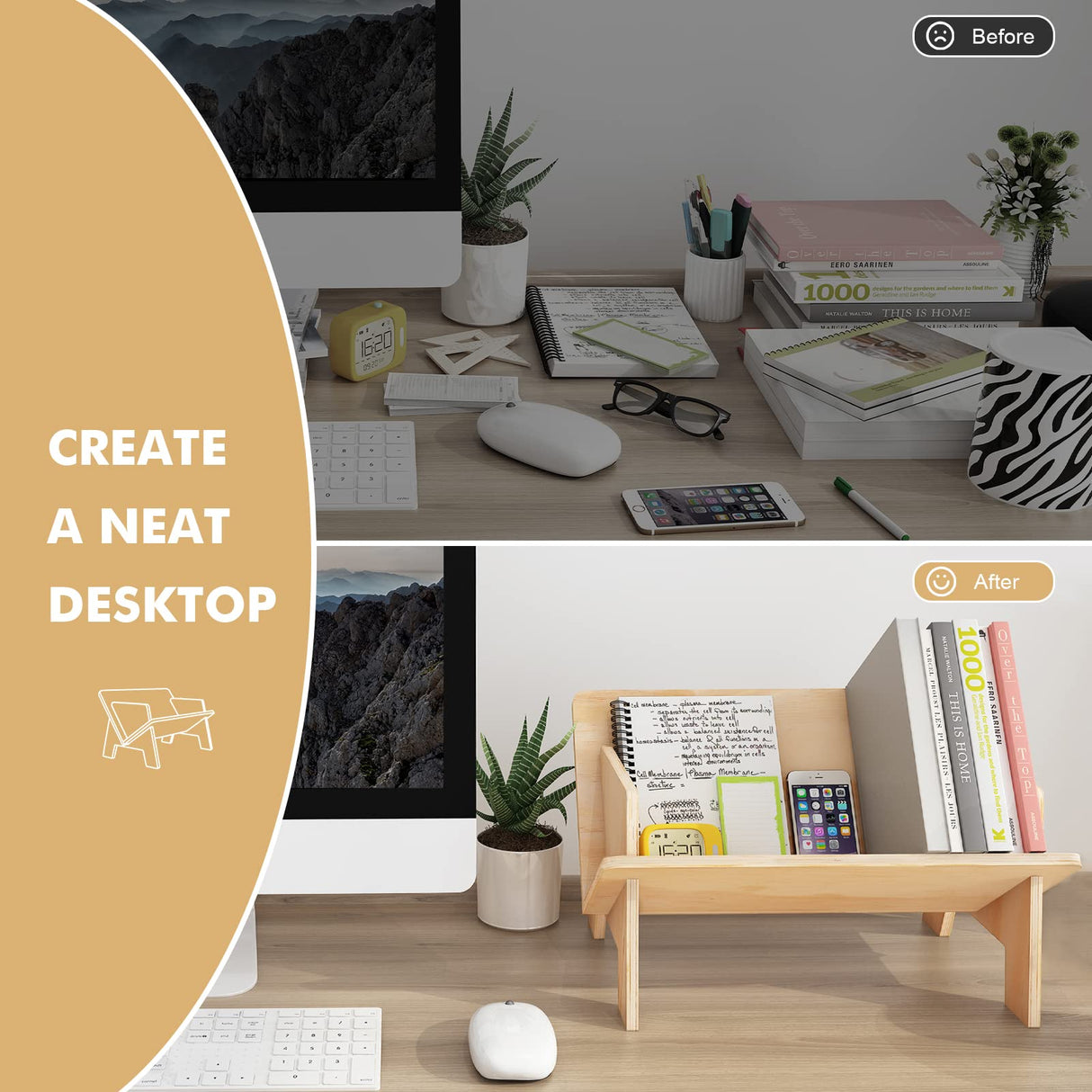 Burlywood Desktop Bookshelf - Stylish Wooden Book Rack for Organising Magazines, Books, and CDs RekRang