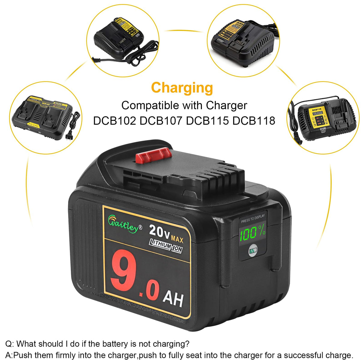 waitley 20V 9.0Ah Lithium Ion Battery Compatible with DEWALT DCB200 DCB209 Tools with LED Indicator waitley
