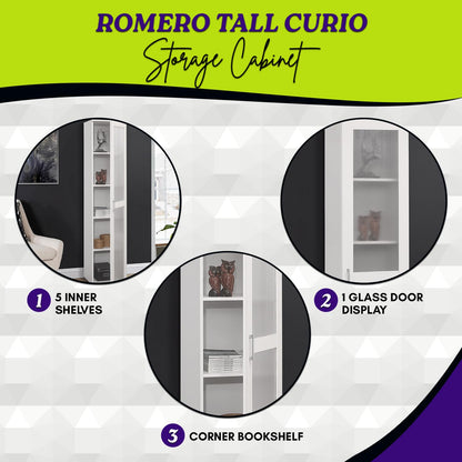 Kings Brand Furniture Romero Tall Curio Storage Cabinet - Tall Bookshelf Perfect for Living Room, Kitchen, Bedroom & Office - Storage Cabinet with 5 Storage Shelving & 1 Glass Door Display - White