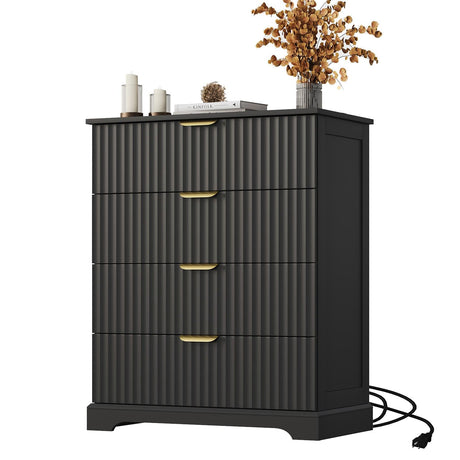 ProsperHaven Fluted Dresser with 4 Drawers for Bedroom, 36.6" Tall Dresser with Charging Station, Wooden Chest of Drawers for Bedroom, Living Room, Entryway, Black ProsperHaven