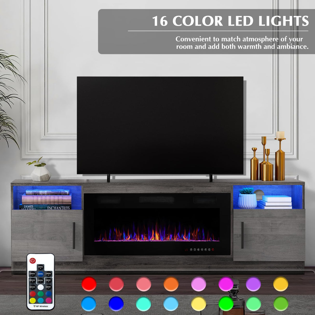 LEMBERI Fireplace tv Stand with 36 inch Fireplace Up to 80" TVs,LED Light Entertainment Center and Storage, 70" Modern Wood Media TV Console with Highlight Cabinet for Living Room (Gray) LEMBERI