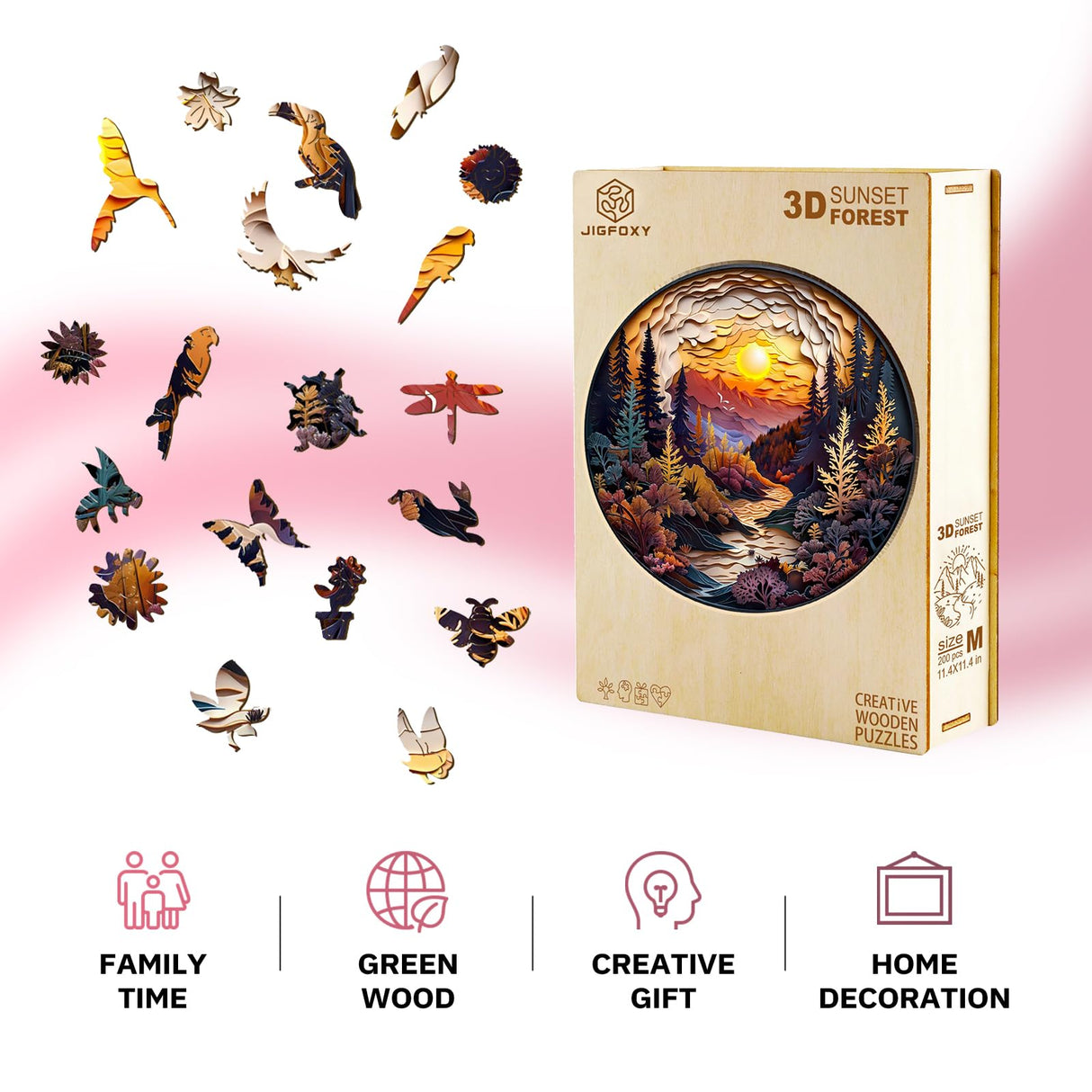 Jigfoxy Wooden Puzzles for Adults, Visual 3D Sunset Forest Wood Puzzles Adult, Unique Animal Shape Wooden Jigsaw Puzzles for Adults, Birthday Gifts for Puzzle Lovers, Family (M-11.4 * 11.4in-200pcs) Jigfoxy