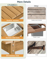 HDPS Outdoor Potting Bench with Sliding Tabletop/ 4 Wheels/Removable Sink, All-Weather Outside Garden Work Table, No Rust/Fade/Break, Potting Station for Porch, Patio & Backyard (Teak) ONBRILL