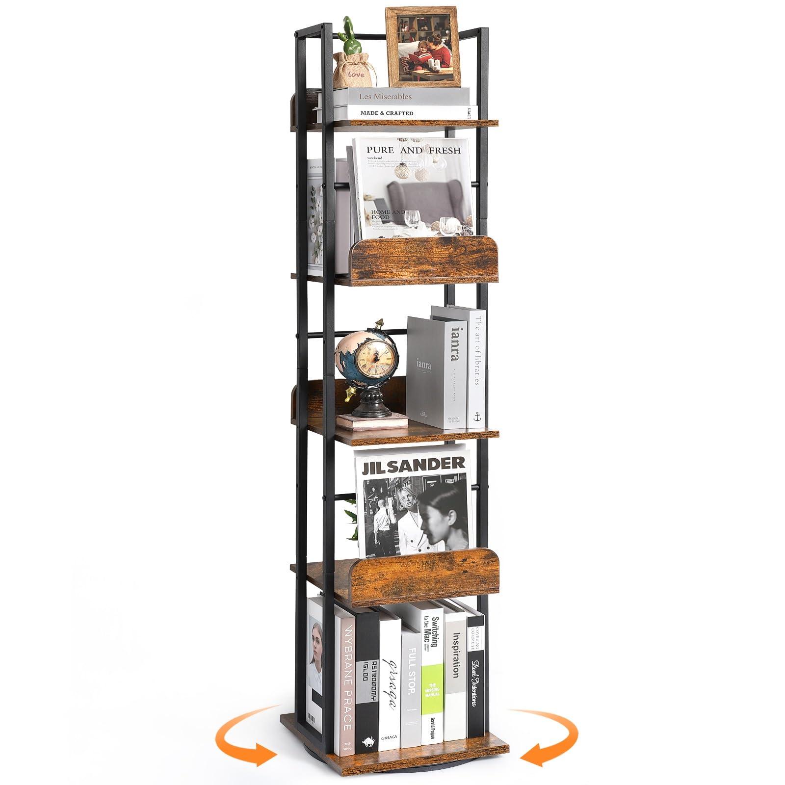 Bikoney 5-Tier Rotating Corner Bookshelf - Tall Industrial Black Wood & Metal Bookcase - WoodArtSupply