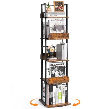 Bikoney 5-Tier Rotating Corner Bookshelf - Tall Industrial Black Wood & Metal Bookcase Bikoney