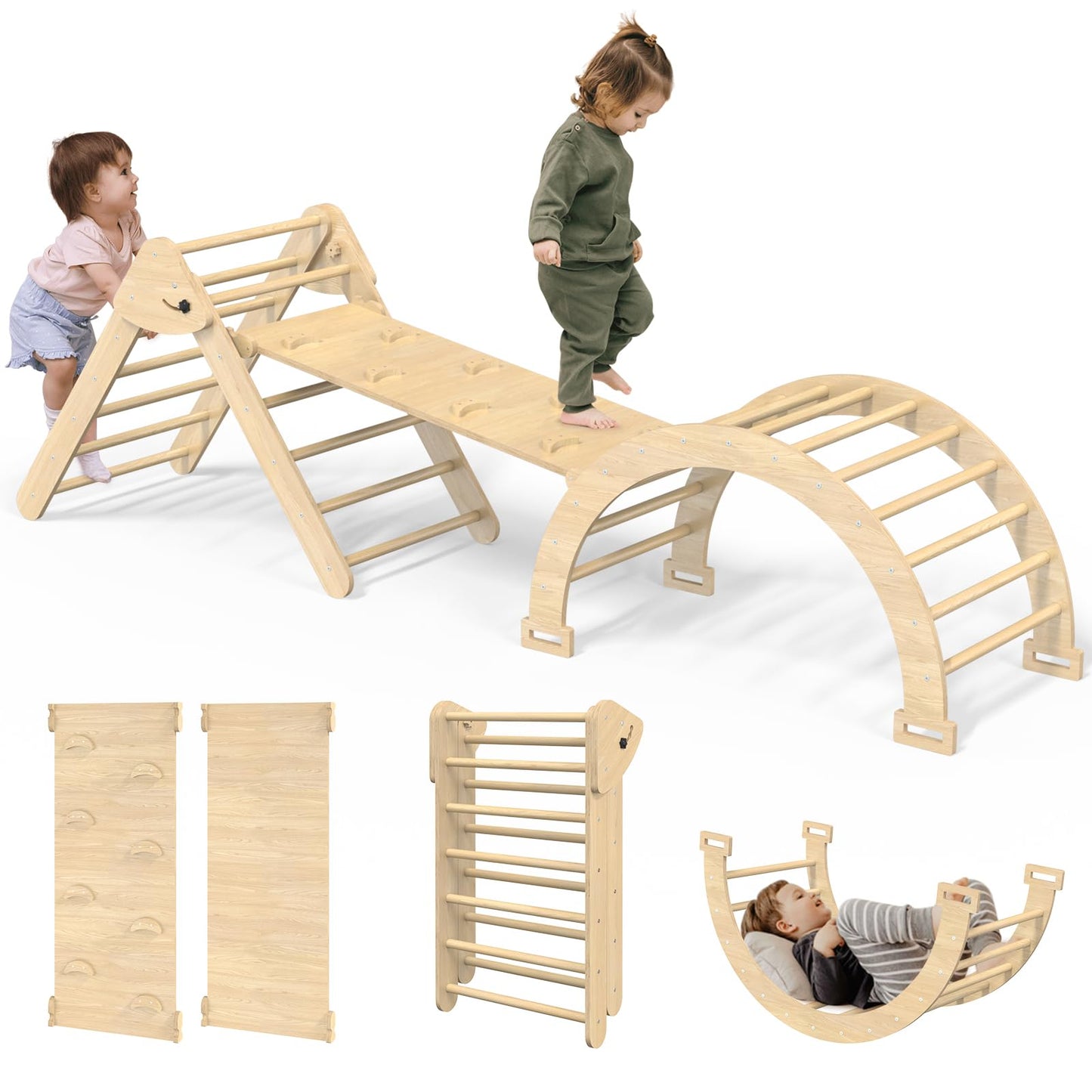 Wanmwill 5 in 1 Pikler Triangle Set, Wooden Montessori Climbing Toys, Toddler Indoor Playground, Foldable Baby Climbing Toys, Kids Jungle Gym with Ramp, Arche Rocker and Triangle (Natural