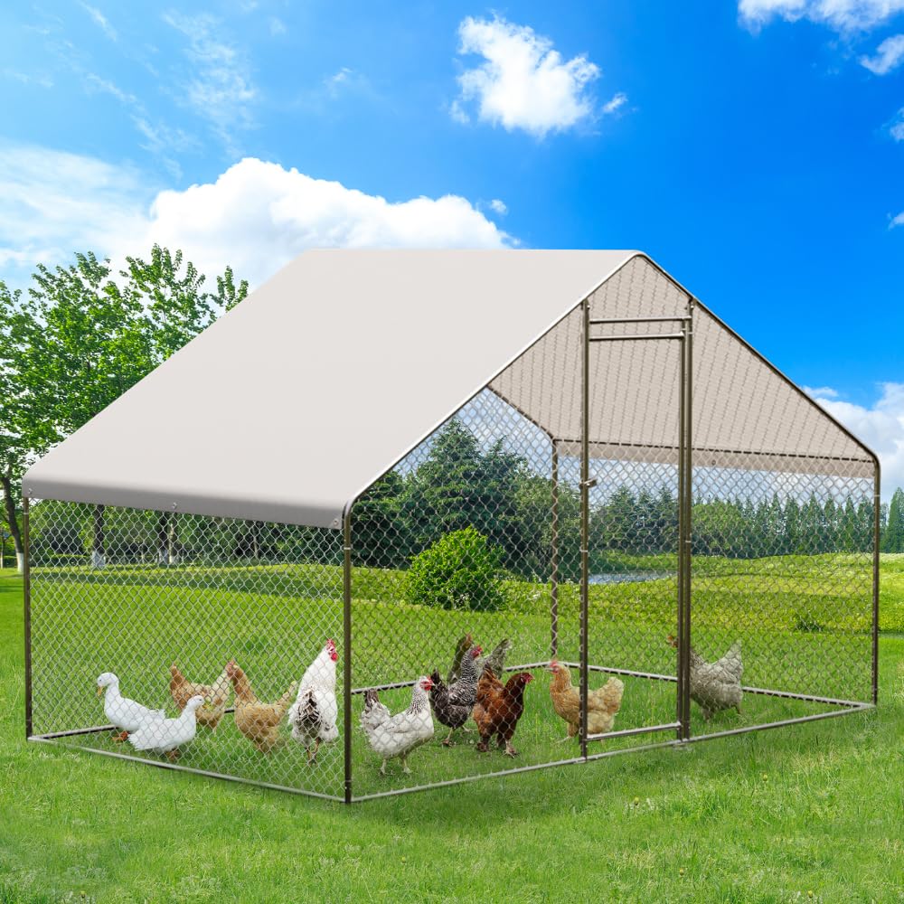 GarveeLife Large Metal Chicken Coop, Large Chicken Run with Waterproof & Anti-UV Cover, Outdoor Chicken Pen for Farm Yard (9.8' L x 6.6' W x 6.6' H) GarveeLife