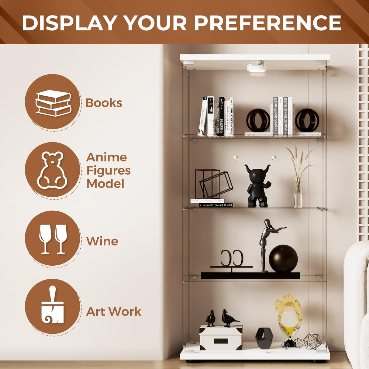 COHMJJY 4-Shelf Glass Display Cabinet with Double Doors, Curio Display Case with Lights & Lock, Tempered Glass Collectibles Showcase for Bedroom, Living Room 64'x 32'x 14' White COHMJJY