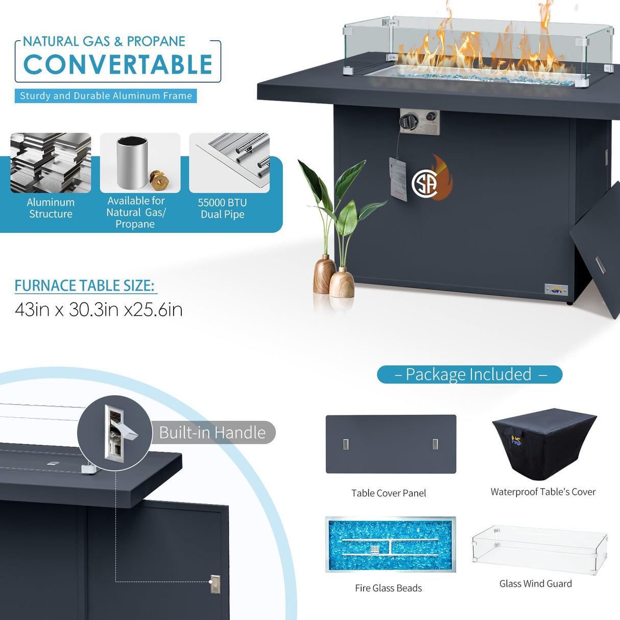 NICESOUL 13 Piece Large Modern Aluminum Patio Furniture Set, Rust Water Resistant Modular Outdoor Conversation Set with Chaise & Fire Pit Table, 500 lbs Durable Modular Sectional Sofa for Deck, Teal NICESOUL