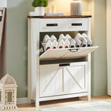 OKD Shoe Storage Cabinet with 2 Flip Drawers, Farmhouse Entryway Shoe Organizer with Drawer, Freestanding Rustic Hidden Shoe Rack Cabinet for Entryway, Antique White OKD