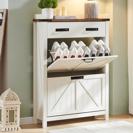 OKD Shoe Storage Cabinet with 2 Flip Drawers, Farmhouse Entryway Shoe Organizer with Drawer, Freestanding Rustic Hidden Shoe Rack Cabinet for Entryway, Antique White OKD