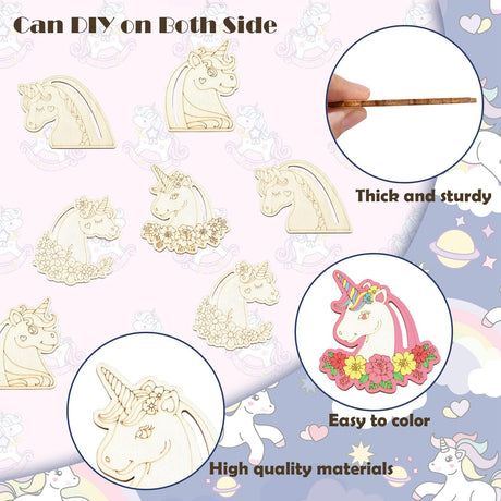 UR URLIFEHALL 24 Pcs Unfinished Wood Unicorn Cutouts Wood Frame Embellishments for Tag Decoupage DIY Scrapbooking Card Making Painting Crafts UR URLIFEHALL