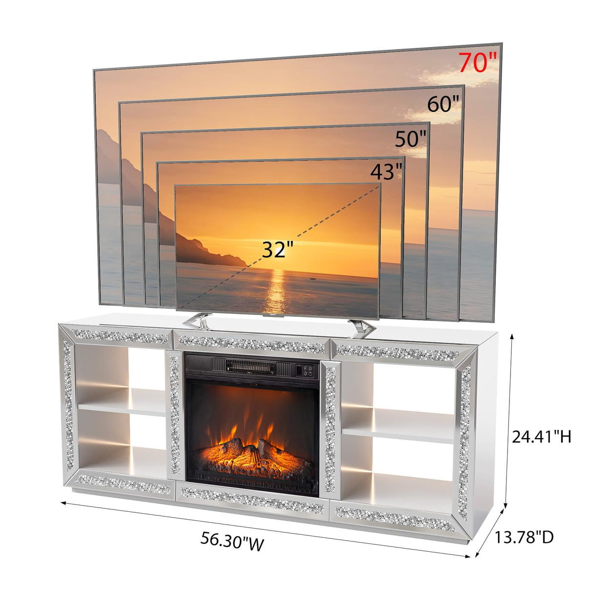 VINGLI Mirrored Fireplace TV Stand for 70" TV, Diamond Entertainment Center with Shelves ＆ 20 Color LED Lights, Media Console Table with 18'' Electric Fireplace for Living Room/Bedroom (Assembled) VINGLI