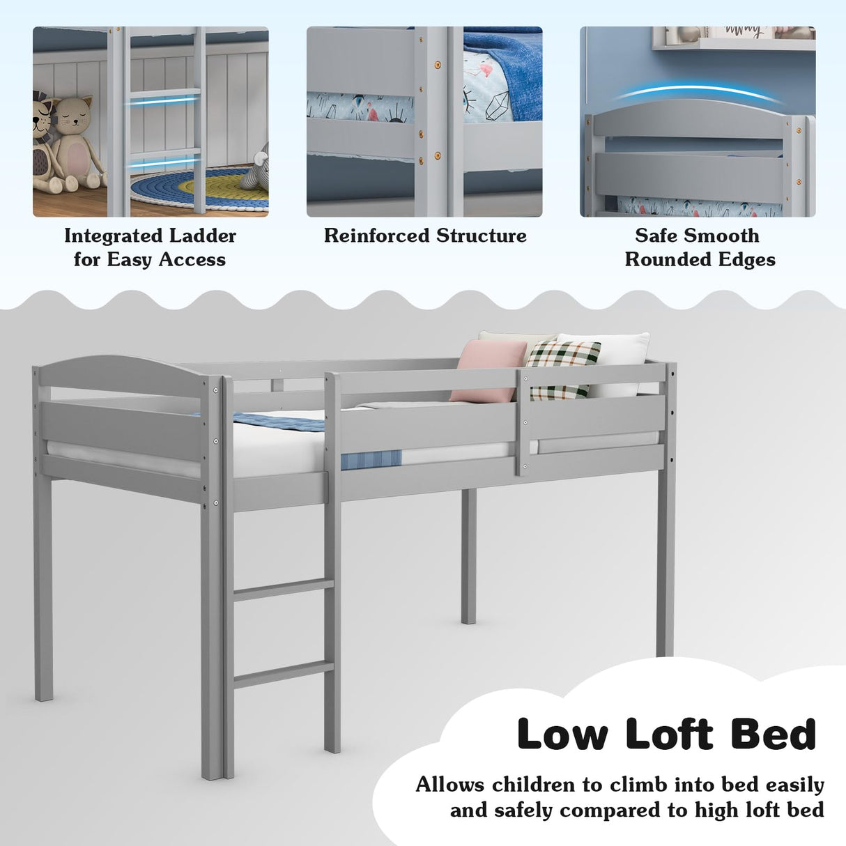 Giantex Twin Loft Bed with Ladder, Wood Low Profile Loft Bed with 30" Clearance & Safety Guard Rails, Space-Saving Loft Bed Frame for Kids Teens Junior, No Box Spring Needed, Kids Bed Frame, Grey Giantex