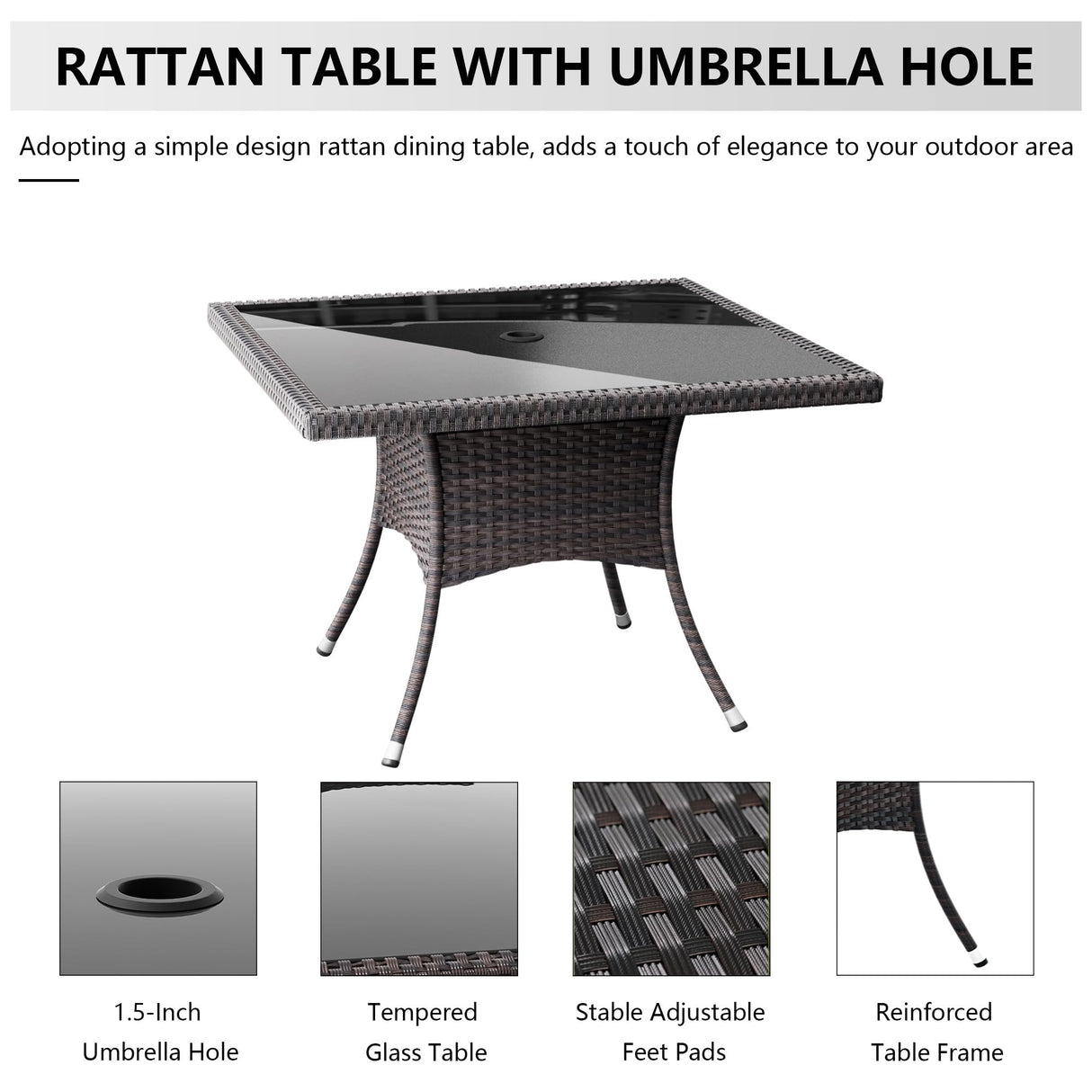 Kullavik 10-Piece Outdoor Dining Set Patio Rattan Furniture Set,Square Glass Tabletop with Umbrella Hole for Patio,Grey Kullavik