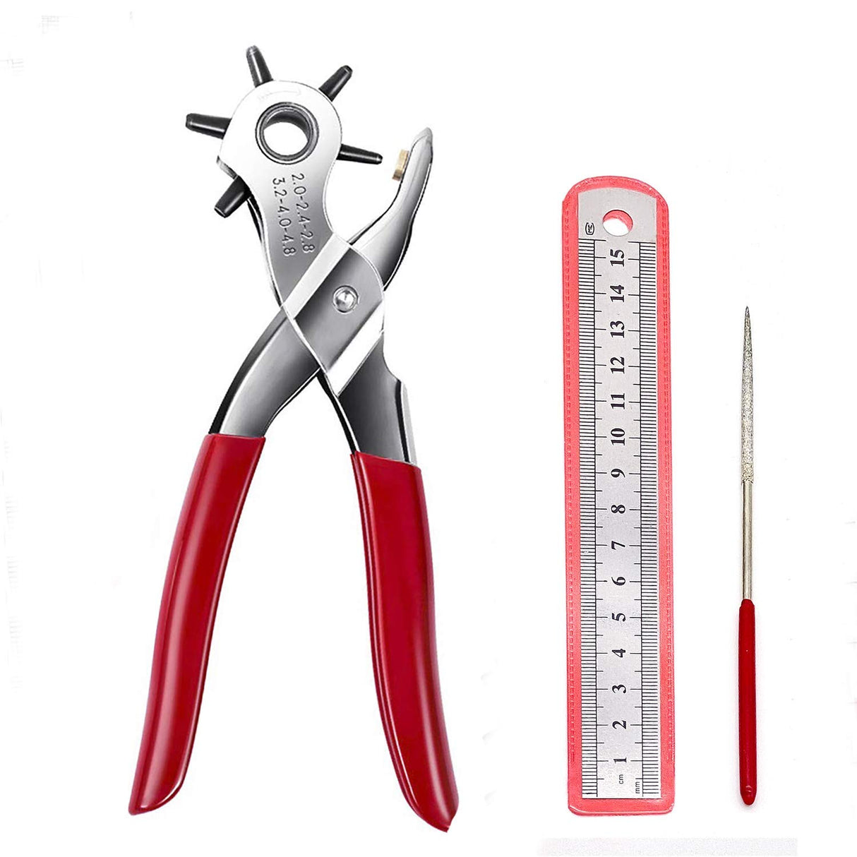 Adorox Heavy Duty Belt Hole Puncher for Leather – 6 Size Revolving Leather Hole Punch Tool with Ruler & Deburring File, Perfect for Belts, Straps, DIY Leathercraft, and Repair Adorox