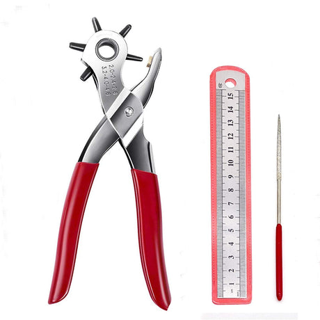 Adorox Heavy Duty Belt Hole Puncher for Leather – 6 Size Revolving Leather Hole Punch Tool with Ruler & Deburring File, Perfect for Belts, Straps, DIY Leathercraft, and Repair Adorox