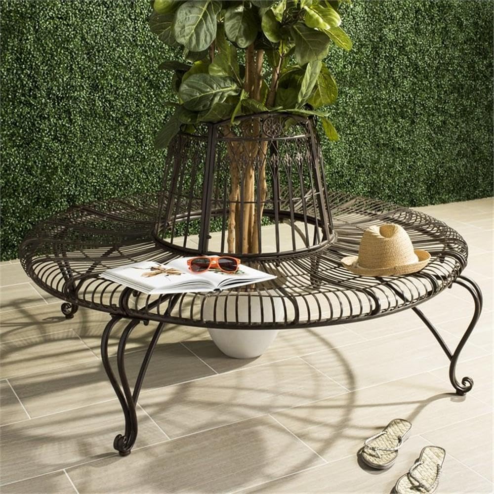 SAFAVIEH PAT5019A Collection Abia Antique White Wrought Iron 50" Outdoor Tree Bench SAFAVIEH