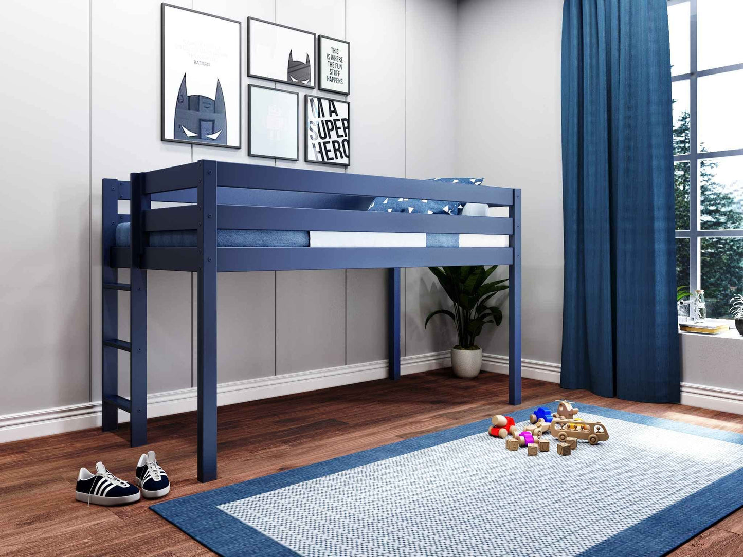 JACKPOT! Contemporary Low Loft Twin Bed with End Ladder, Blue