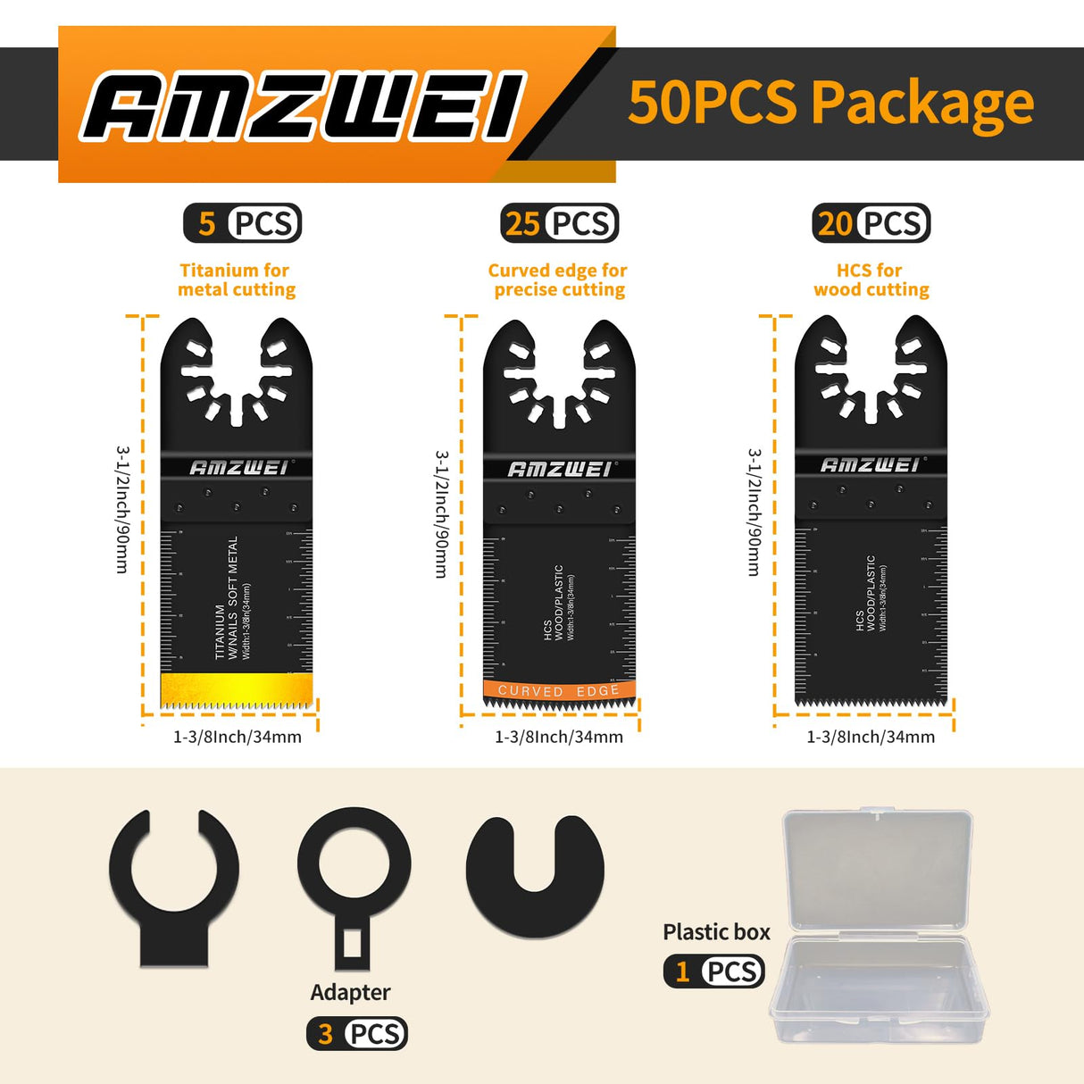 AMZWEI 50PCS Multi Tool Blade Kits, Professional Titanium Oscillating Tool Blades for Metal, Wood, Plastic, Curved Edge Oscillating Saw Blades Compatible with Dewalt Milwaukee Ryobi Rockwell Fein AMZWEI