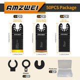 AMZWEI 50PCS Multi Tool Blade Kits, Professional Titanium Oscillating Tool Blades for Metal, Wood, Plastic, Curved Edge Oscillating Saw Blades Compatible with Dewalt Milwaukee Ryobi Rockwell Fein AMZWEI
