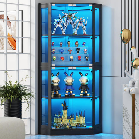 Gyfimoie Corner Display Cabinet with Multi-Color LED Lights, Modern Curio Cabinet with Glass Doors, 4 Tier Glass Display Case for Toys, Books & Other Collectibles Gyfimoie
