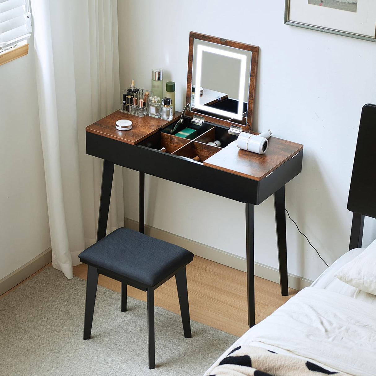 JanflyHome Vanity Desk, Flip Top Makeup Vanity Table with Power Outlet, Makeup Vanity Desk with Mirror & LED Light, Rustic Vanity Set with Cushioning Stool, Vintage Vanity for Bedroom, Black Brown JanflyHome