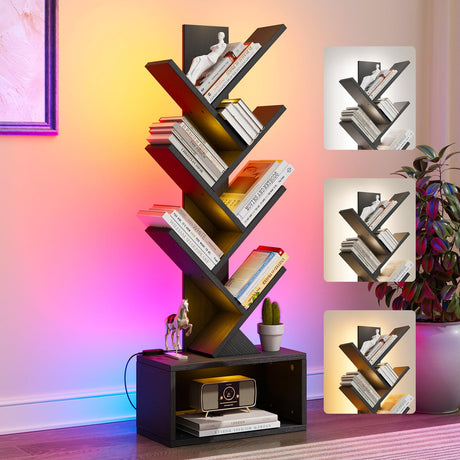 Evermagin 6 Tier Tree Bookshelf with Lights, LED Book Tree Bookcase with Storage Organizer, Small Corner Bookshelf Floor Standing Book Shelf for Living Room, Bedroom & Home Office, Black Evermagin