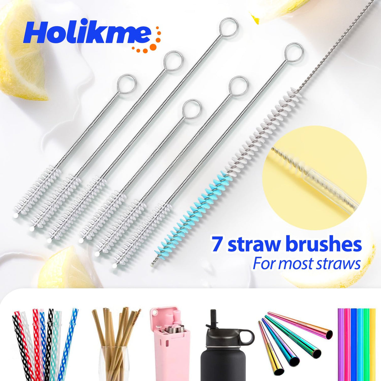 Holikme Bottle Brush Tube Cleaning Set with Long Handle, Cup Cleaner for Washing Narrow Neck Beer Wine Decanter Pipes Lids Sinks Cap Covers, White Holikme