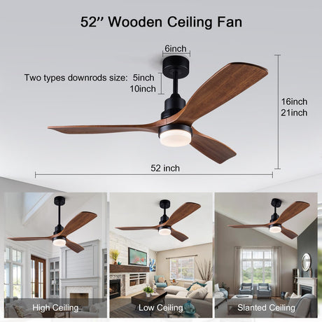 BOJUE 52 Inch Ceiling Fans with Lights and Remote Control, Indoor Outdoor Mordern Ceiling Fan with 3 Wood Blade for Patio Living Room, Bedroom, Office, Summer House (Black Ceiling fans+ Walnut Blades) BOJUE