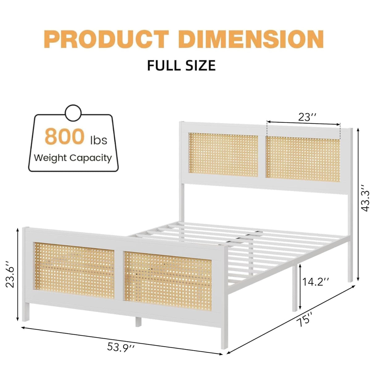 dainslef Rattan Bed Frame with Headboard, Full Size Bed Frame with Strong Metal Slats Support, Noise-Free Design, No Box Spring Needed, White dainslef