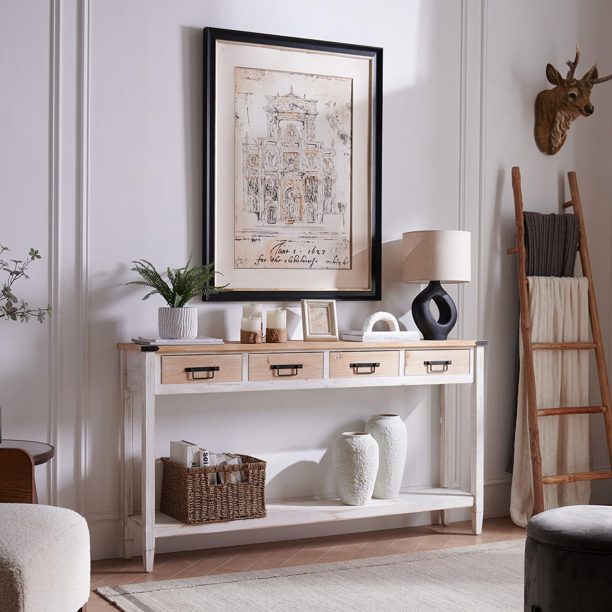 RUSTOWN Farmhouse Console Table with 4 Drawer, 60" Long Rustic Entryway Table with Open Storage Shelves and Handmade Metal Handle, Narrow Foyer Sofa Table for Living Room, Entryway, Hallway(White) RUSTOWN