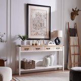 RUSTOWN Farmhouse Console Table with 4 Drawer, 60" Long Rustic Entryway Table with Open Storage Shelves and Handmade Metal Handle, Narrow Foyer Sofa Table for Living Room, Entryway, Hallway(White) RUSTOWN