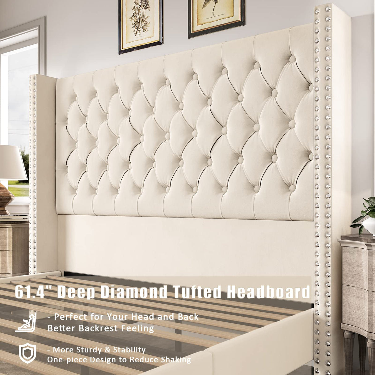 PaPaJet Queen Bed Frame 61.4" Tall Headboard Upholstered Velvet Platform Bed with Handmade Deep Button Tufted/No Box Spring Required/Cream PaPaJet