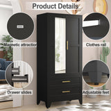 RIETERN Metal Armoire Wardrobe Closet, 71" Tall Bedroom Closet with Mirror, 2 Drawers, Adjustable Shelves, and Hanging Rod, Steel Clothes Closets and Storage, for Bedroom Black RISTERN