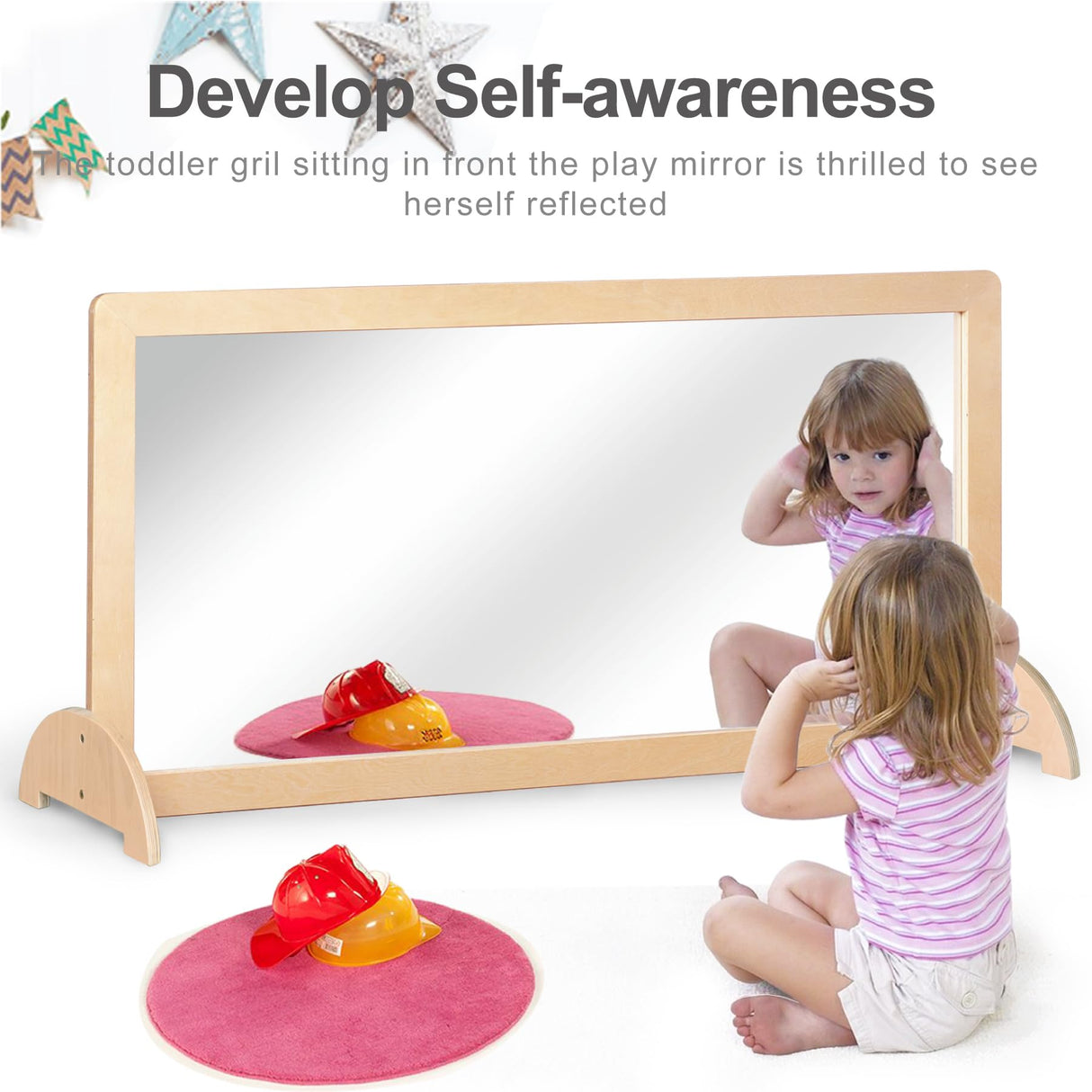 KRAND 3-Position Montessori Wood Frame Non-Shatter Safety Pull Up Bar Baby Big Mirror Set, Infant Coordination Mirror, Kids Classroom Furniture for Daycare, Homeschool or Preschool KRAND