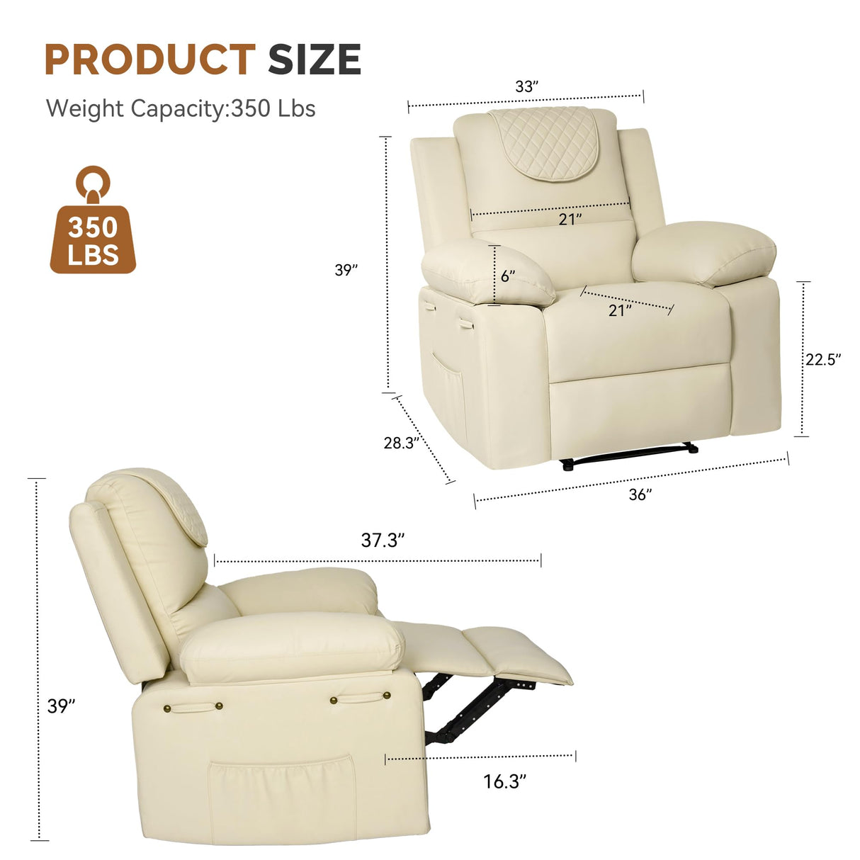 Recliner Chair, Electric Recliner Massage Chairs for Adults with PU Leather,Padded Seat Backrest Comfy Chairs for Living Room, Reading, Sleeping, Adjustable Recliner (Beige) homeokay