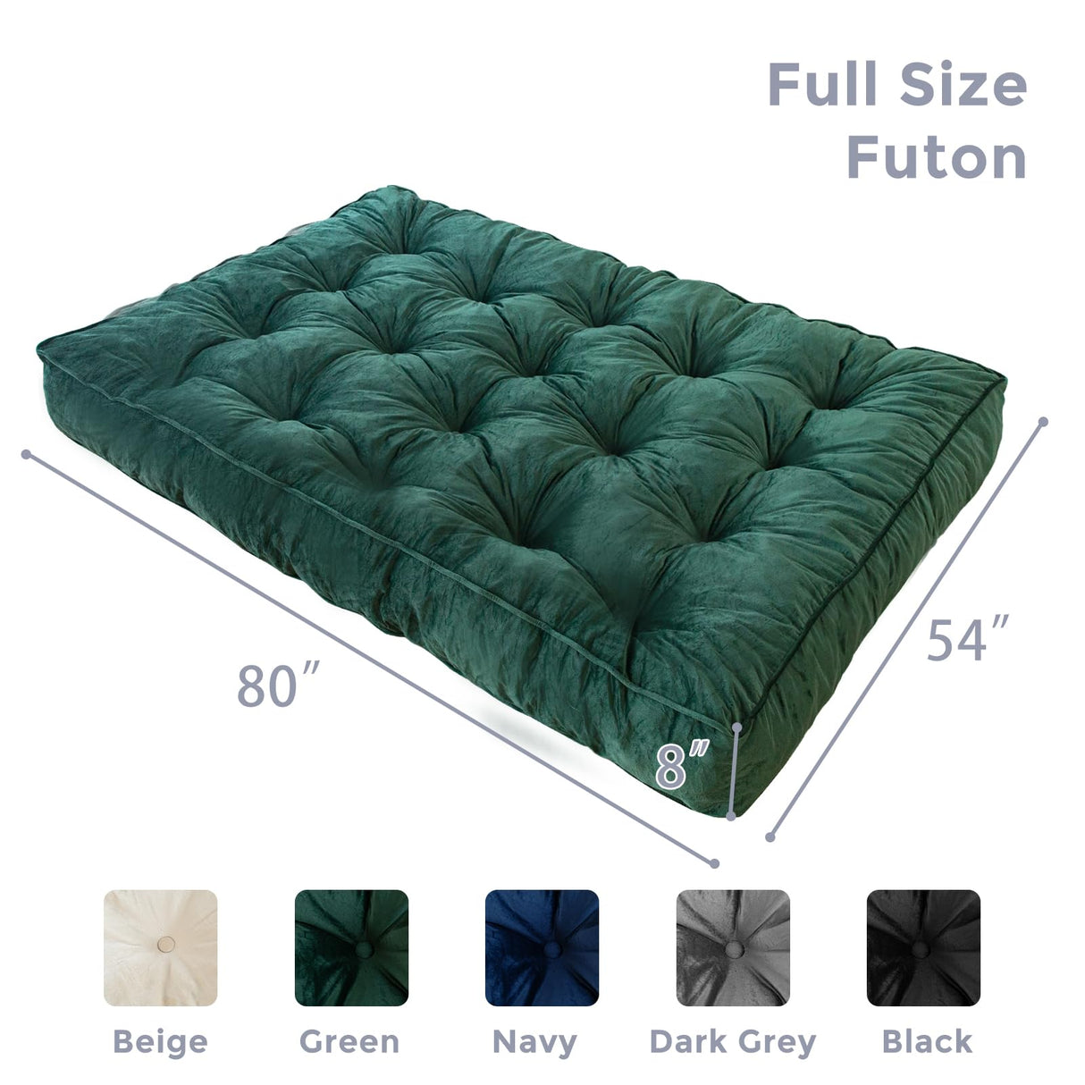 MAXYOYO 8" Futon Mattress Full Size, Extra Thick Futons Sofa Couch Bed, Velvet Floor Mattress for Adults, Shredded Foam Filling (Frame Not Included), Green MAXYOYO