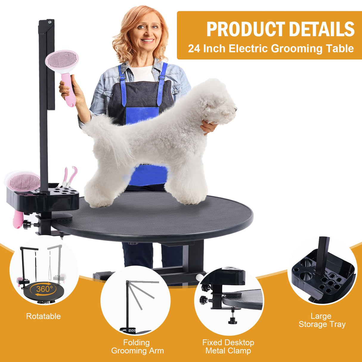 24" Electric Dog Grooming Table with Wired Remote Control, Professional Heavy Duty Pet Grooming Table for Dogs at Home, Adjustable Overhead Arm & Tool Organizer, Small Pet Grooming Station URBANVISTA