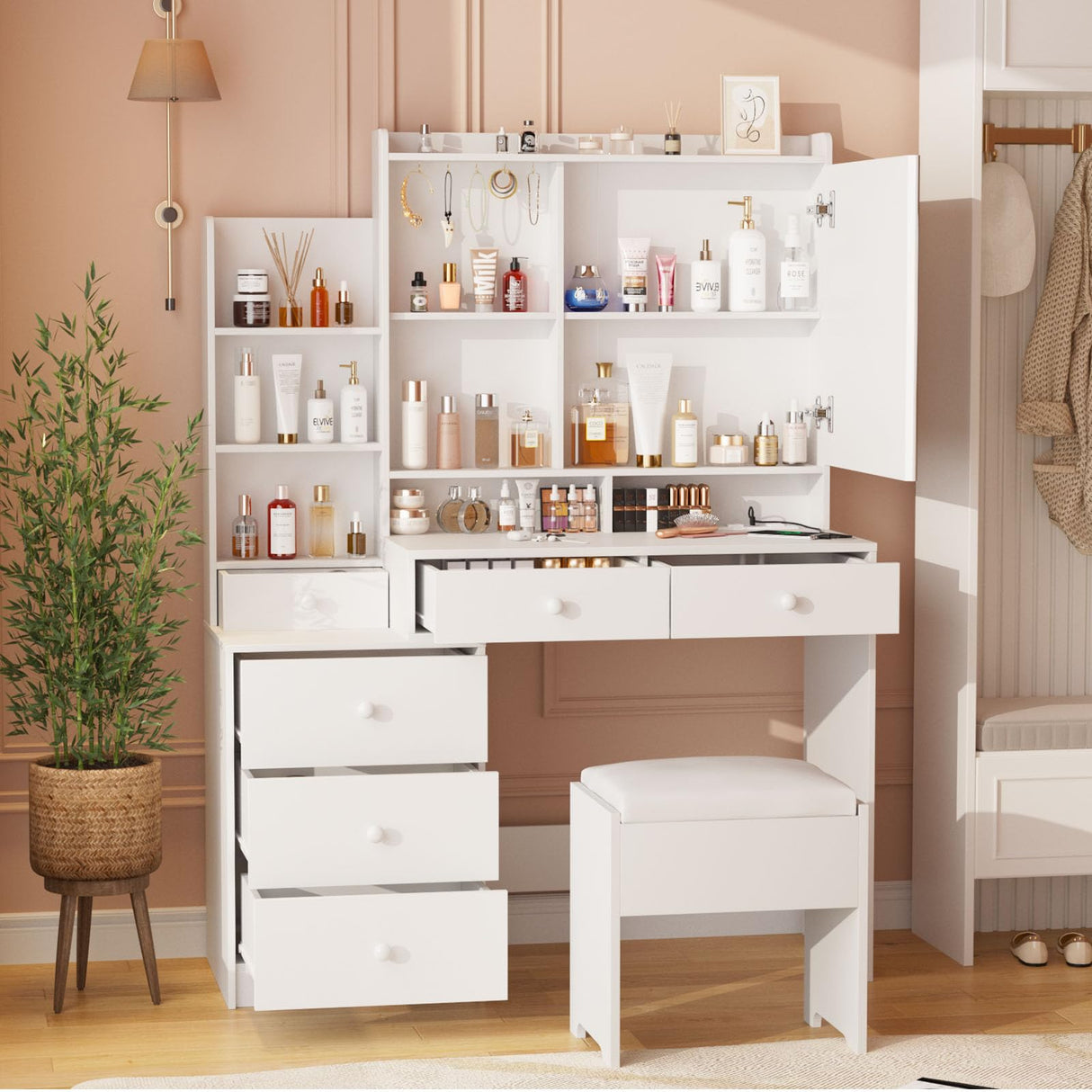 Vabches Vanity Makeup Mirror Desk with Stool,Makeup Vanity Set with 6 Drawers and Shelves,Vanity Table with Power Strip,Vanity Mirror 3 Lighting Color Adjustable,White Vabches