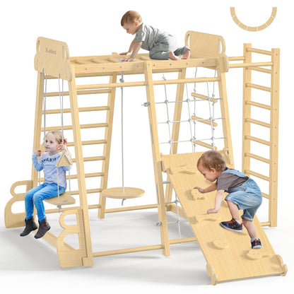 Upgraded Indoor Playground 9-in-1 Jungle Gym Kids Climbing Toys, Montessori Waldorf Style Wooden Climber Playset with Slide, Swing, Monkey Bars, Upright/Rope Ladder, Climbing Rocks/Net/Ladder, Natural