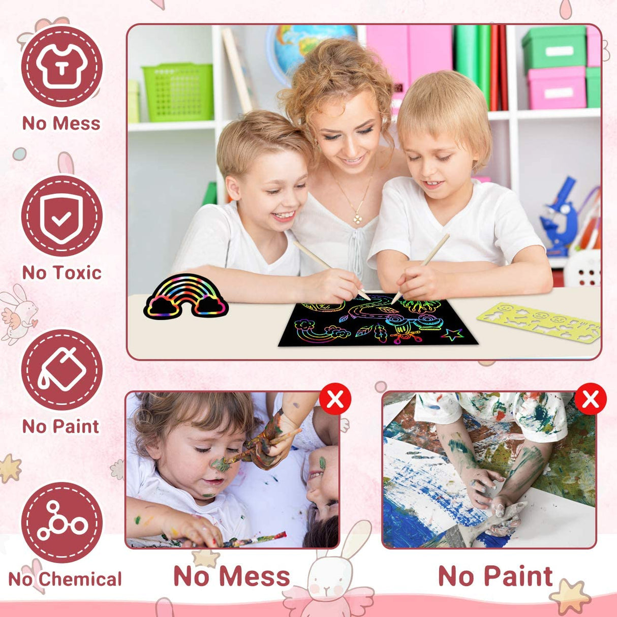 ZMLM Scratch Rainbow Art Paper Set - 50Pcs Magic Scratch Off Art Craft Supplies Kits for Kids Girls Boys Black Scratch Notes Sheet Doodle Pad for Fun DIY Toy Party Favors Christmas Birthday Gift ZMLM