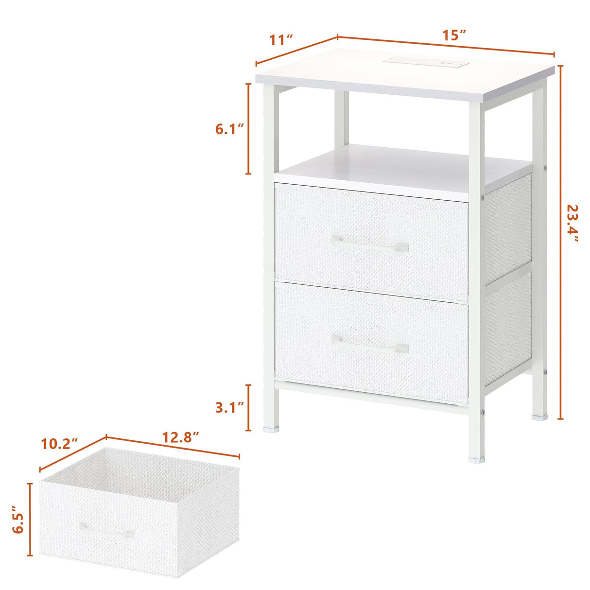 TRIFEBLE Nightstands Set of 2, Night Stand with Charging Station and Led Lights, Bedside Table with 2 Fabric Drawers for Bedroom, Small Side End Table with Open Shelf, White TRIFEBLE
