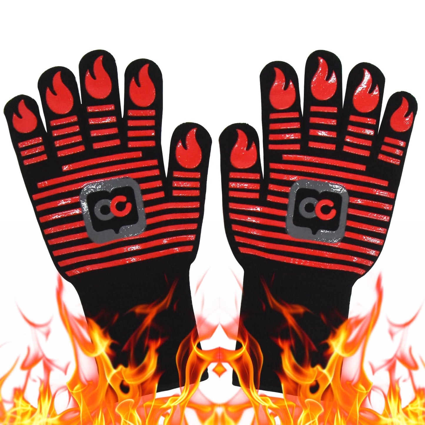 OURCAMP BBQ Gloves, 1472 Degree F Heat Resistant Grilling Gloves Silicone Non-Slip Oven Gloves Long Kitchen Gloves for Barbecue, Cooking, Baking, Cutting (Red)