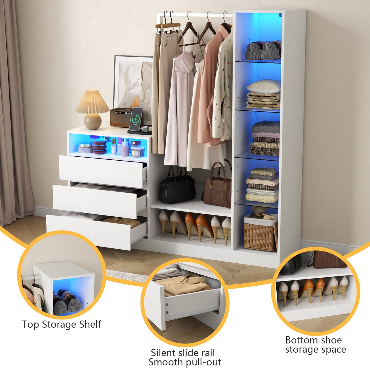 Wardrobe Dresser with Hanging Rack and Drawers - Led Wardrobe Dresser Combo with Charging Station, White Closet Organizers and Storage with Open Shelves, Armoire Clothes Cabinet for Bedroom (White) Auromie